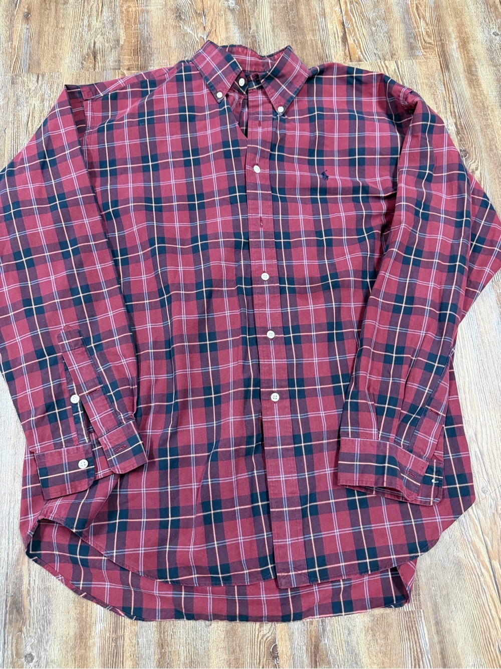 Ralph Lauren preppy red, white, and navy blue plaid cotton button-up shirt in si